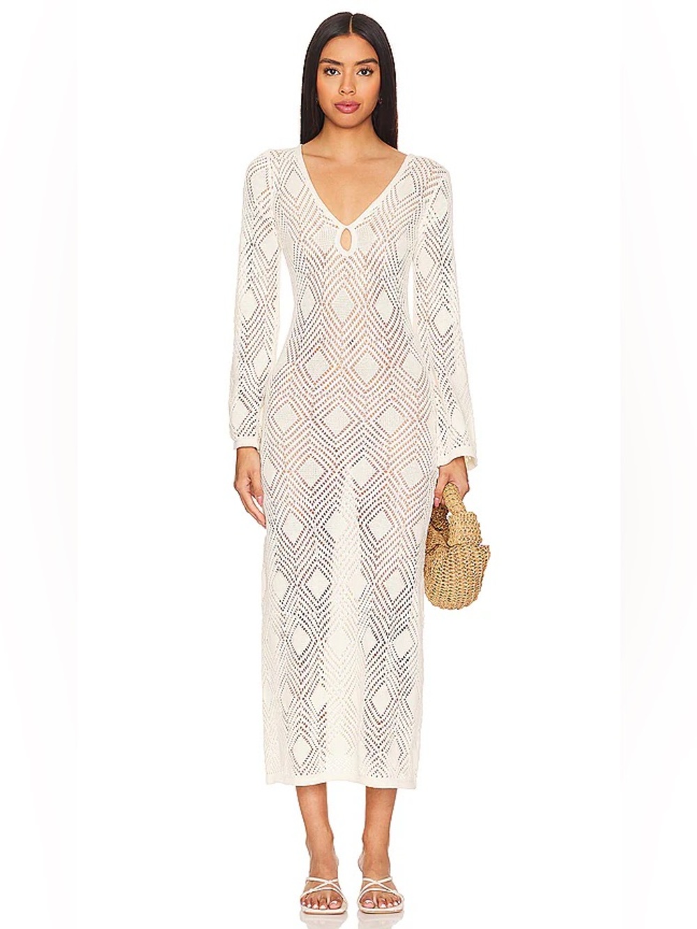 Faithfull the Brand Cream Crochet Long Sleeve Maxi Cover-Up